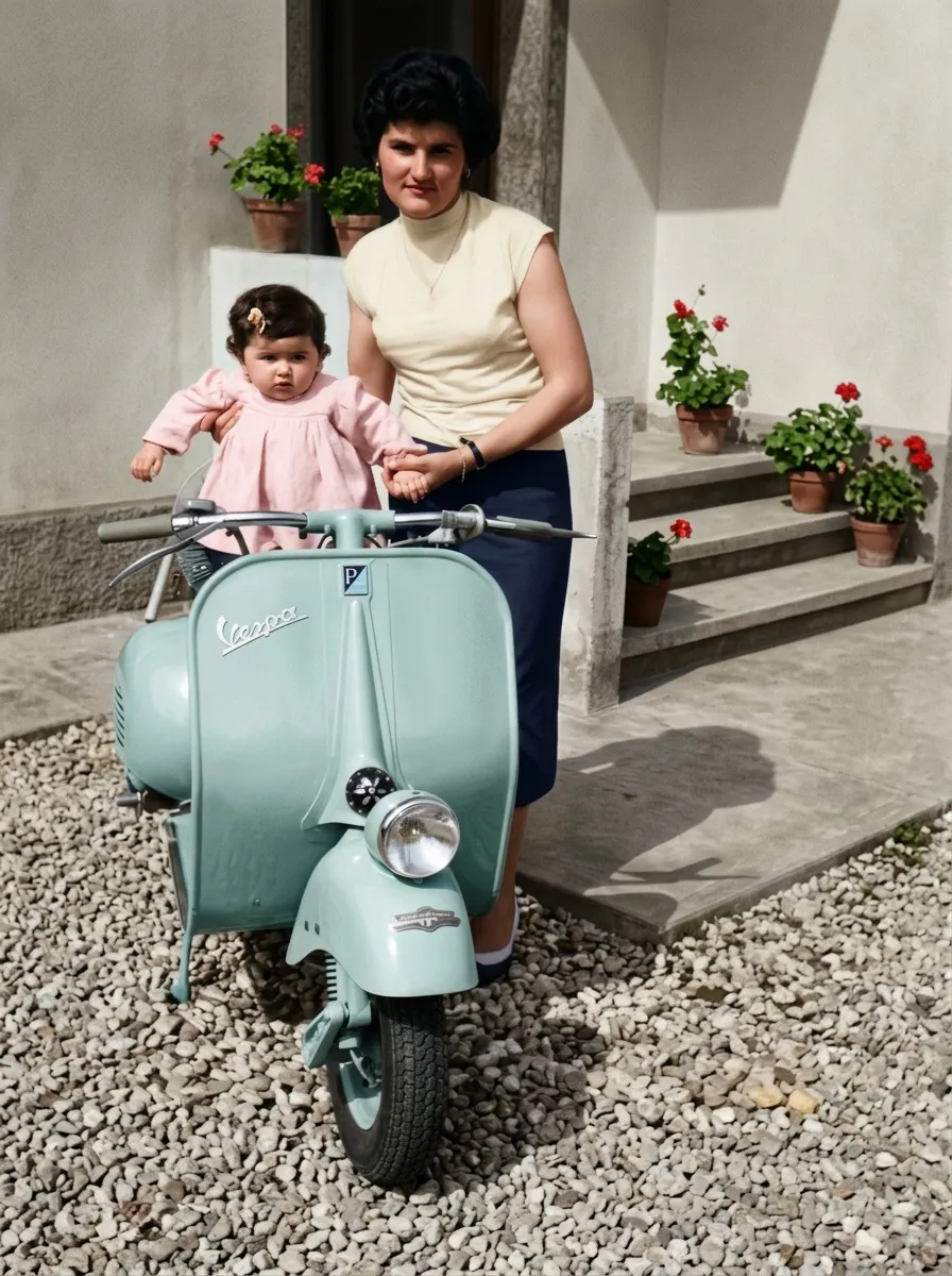 The same photograph in colour — the scooter mint green, the geraniums red