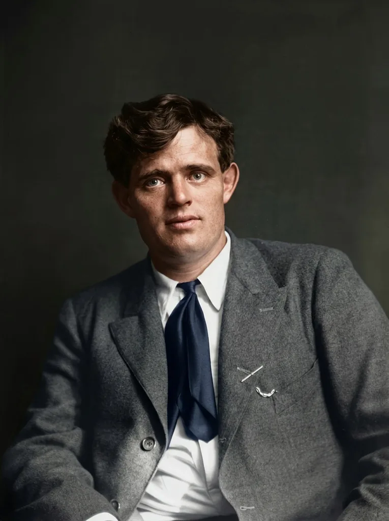 An experimental colour version of the same portrait, with the tie and eye colour inferred from tone rather than recovered from the negative