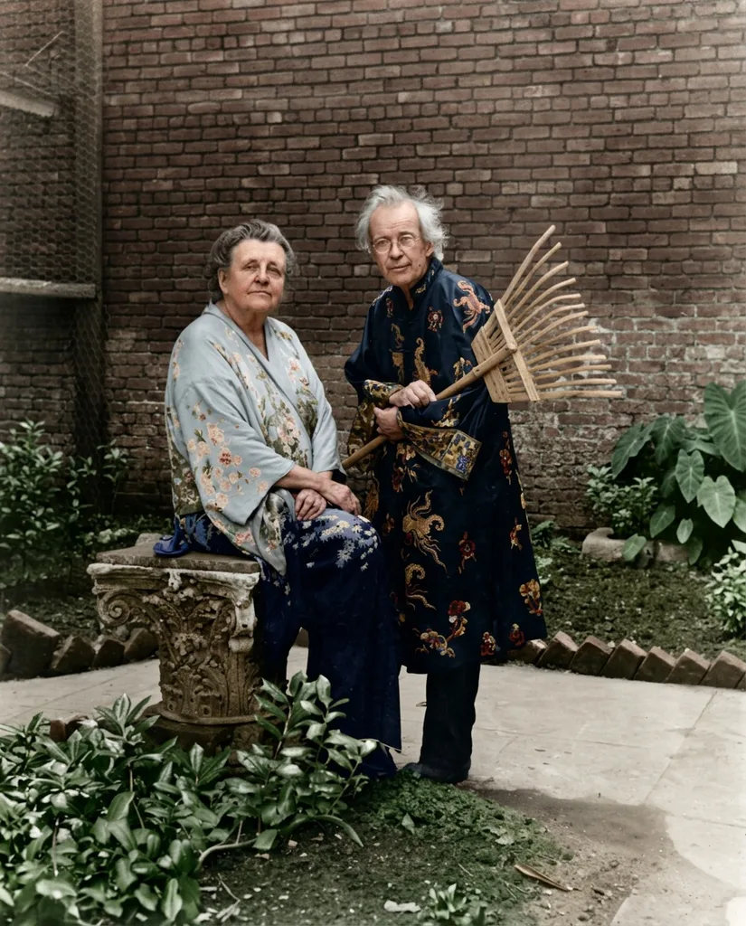 An experimental colour version of the same photograph, with the kimono, robe and garden colours inferred from tone rather than recovered from the print