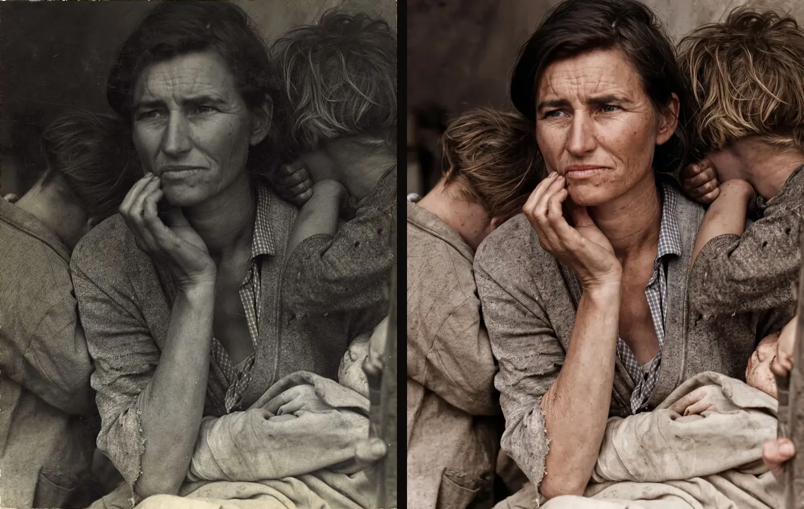 The same print twice, side by side: on the left the Library of Congress scan made after its conservators treated it, the scratch gone and the warm tone kept; on the right the Epoha restoration, repaired and in color